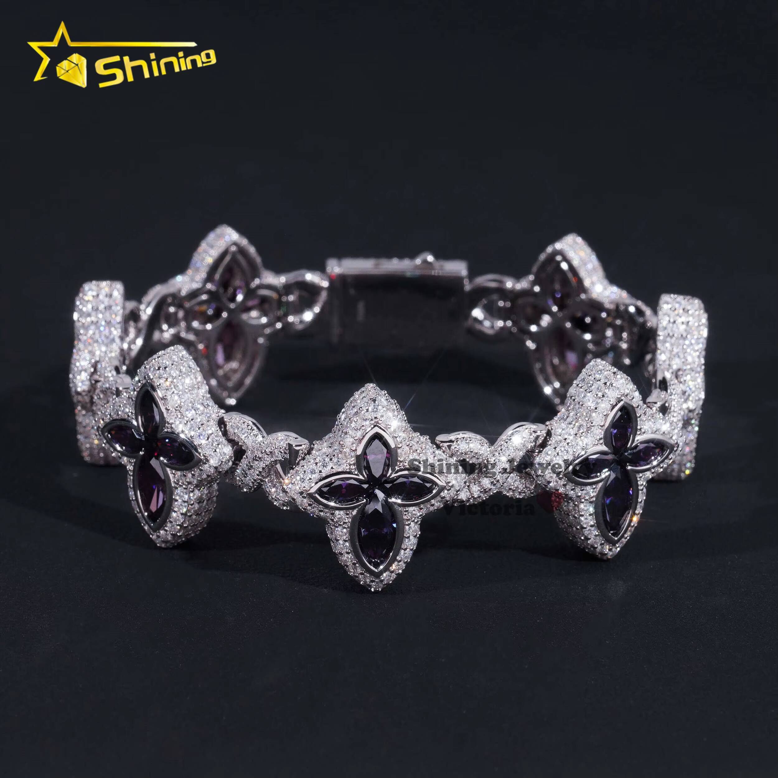 Fine Jewelry 925 Sterling Silver Colored Moissanite Drop Water Pear Shape Black Diamond Clover Hip Hop Infinity Cuban Bracelet