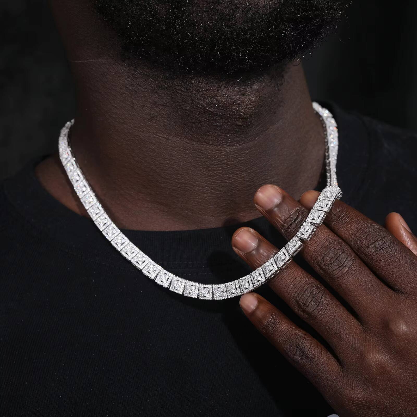 Fine Jewelry 8mm 925 Sterling Silver VVS Moissanite Gold Plated Four Leaf Clover Square Geometric Link Chain Necklace