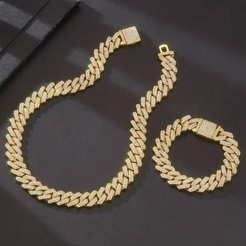 3pcsset NecklaceBraceletWatch Cuban Chain Watch for Men Hip Hop Miami Curb Iced Out Paved Rhinestone Rapper Cuban men Jewelry 251013