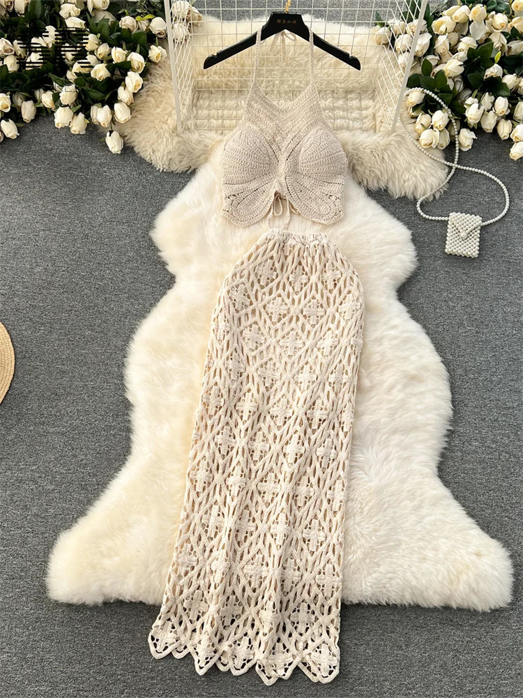 SINGREINY Vacation Two Piece Set Women Backless Camisole Halter Hollow Out Elastic Waist Long Skirt Summer Casual Knit Suit 251020