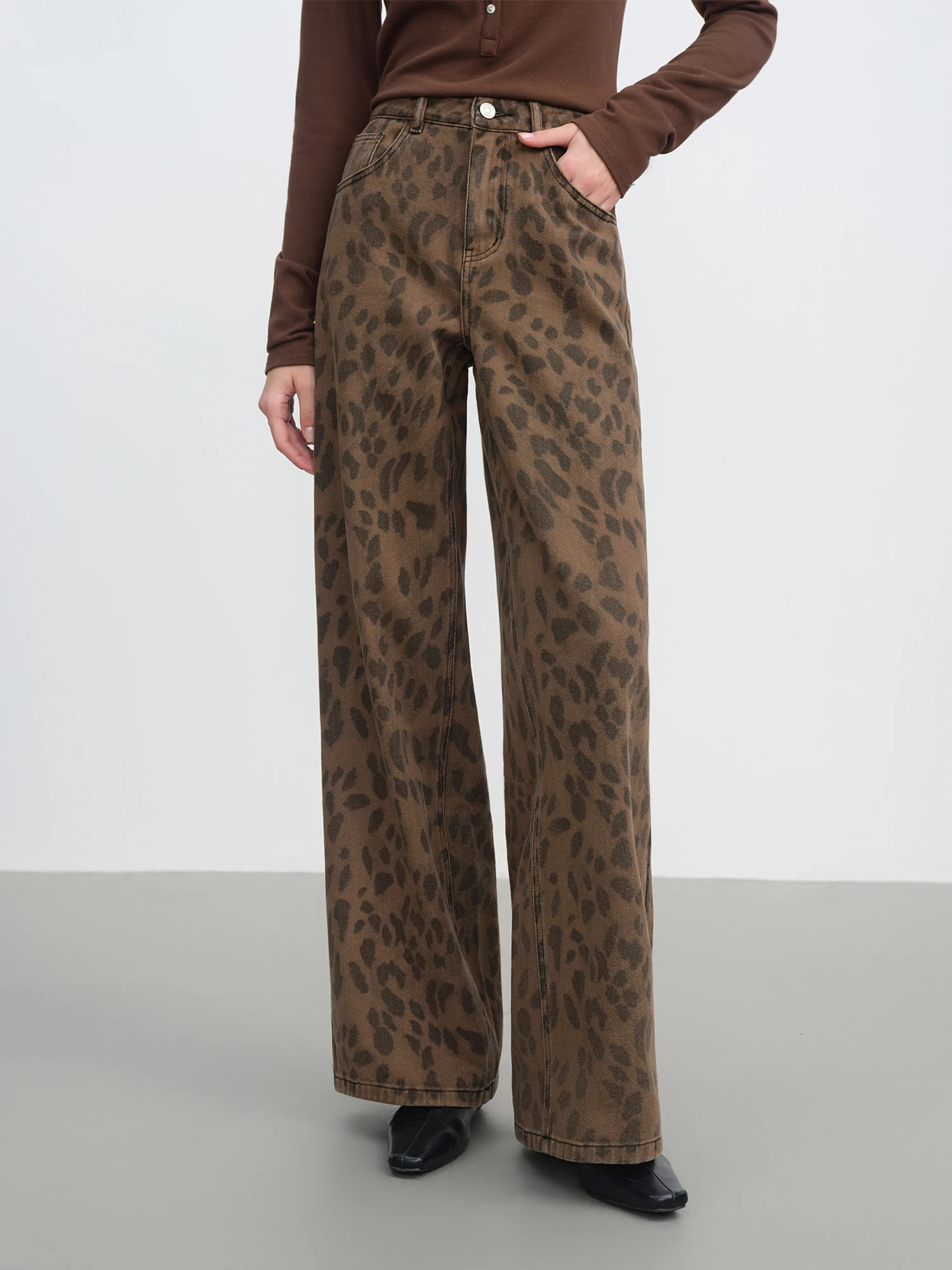 FSLE 2025 Womens Jeans Chic Brown Straight Leg Pants Cotton Washed Denim High Waist Tummy Control Slim Fit Casual Trousers 251023