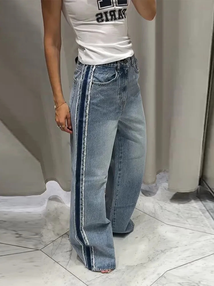 Chic Patchwork Womens Denim Jeans Pant High Waist Wide Leg Baggy Pants Trendy Spring Autumn Streetwear Casual Daily Trousers 251023