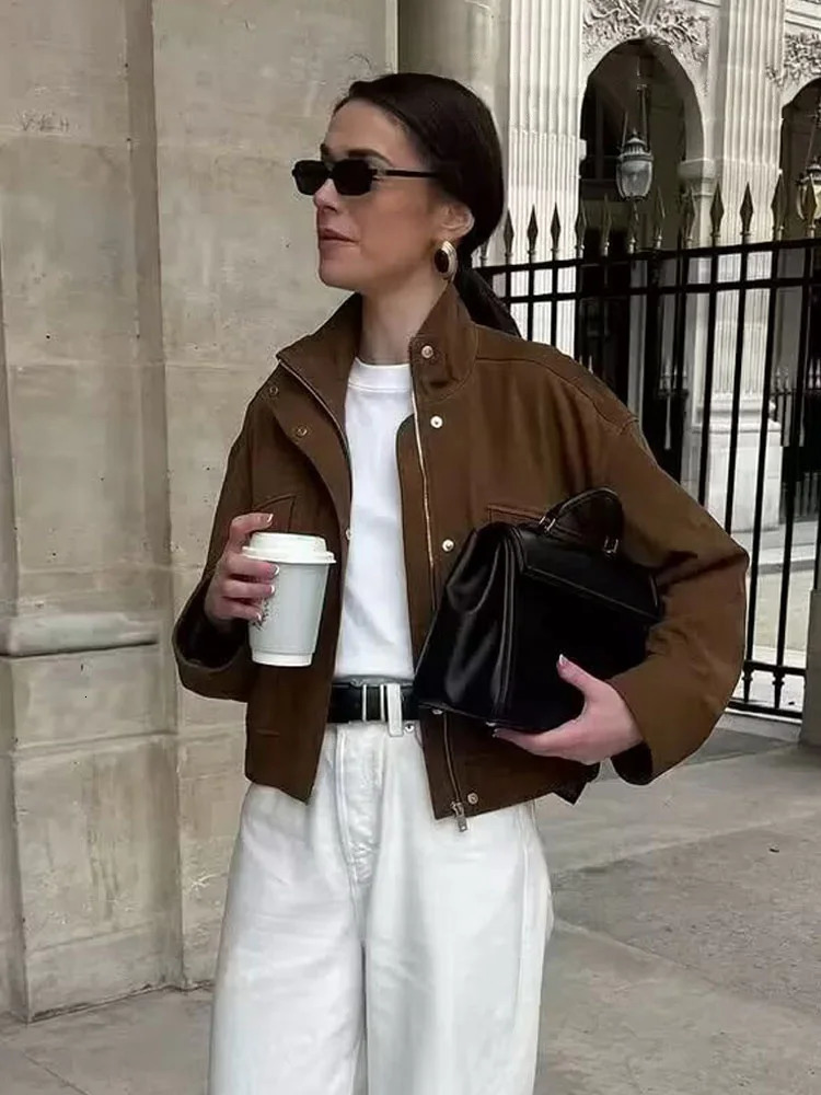 HH Womens Autumn Suede Textured Jacket Female Fashion Long Sleeves Zipper High Neck Pockets Decorative Casual Street Coats 251020