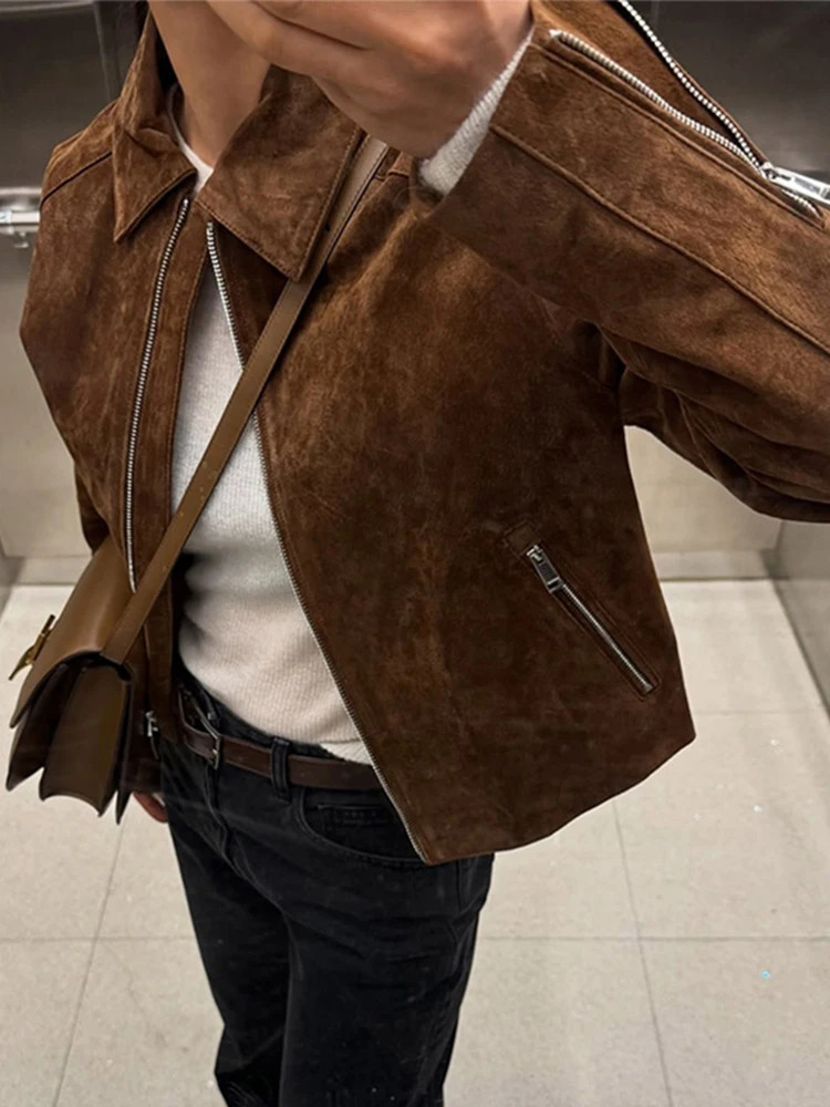 Vintage Womens Zipper Suede Short Jacket Long Sleeve Lapel Pockets Brown Slim Coat Autumn Lady Allmatch Outwears 251020