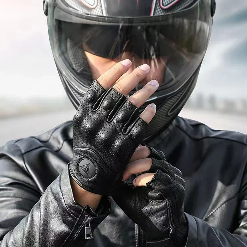 Half Finger Motorcycle Gloves Leather Guantes Moto Cycling Fingerless Gloves Retro Gloves Breathable Summer Gloves 251022