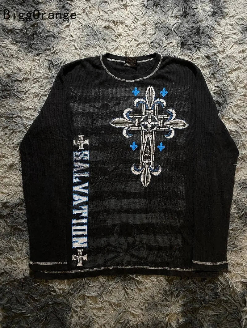 Harajuku Hiphop Rock Dark Retro Oversized Longsleeved Top Men Y2k Gothpunk American Street Casual Loose Tshirt Women 251020