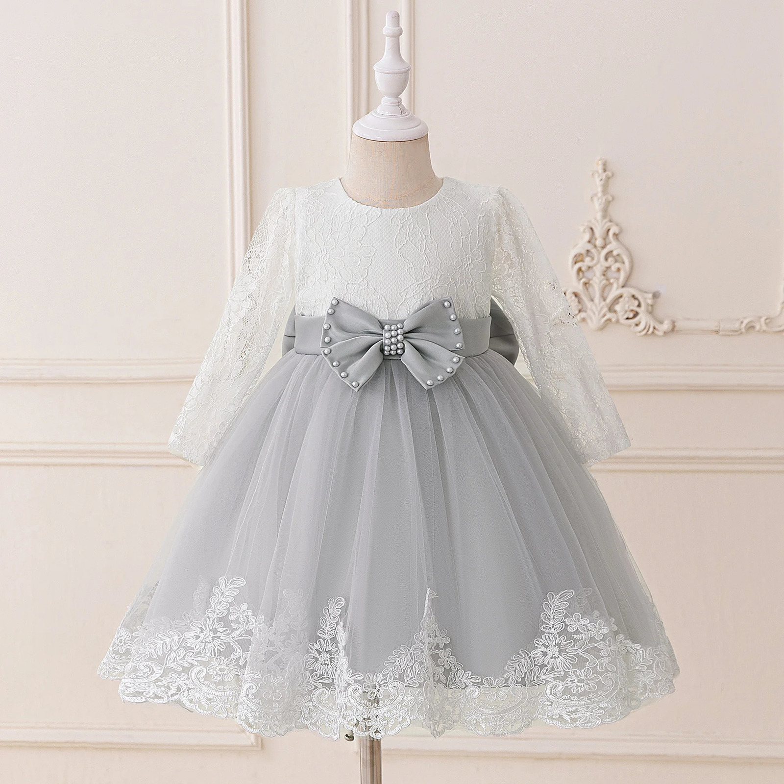 Elegant Bow Bridesmaid Party Girls Dress Long Sleeve Lace Baptism Princess Birthday Prom Dress Girl Wedding Pageant Kids Costume 251023