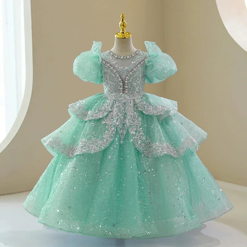 Puff Sleeve Flower Girl Dresses for Wedding Toddlers Beaded Ruffle Tulle Princess Pageant Dress Sparkly 1st Communion Party Gown 251023