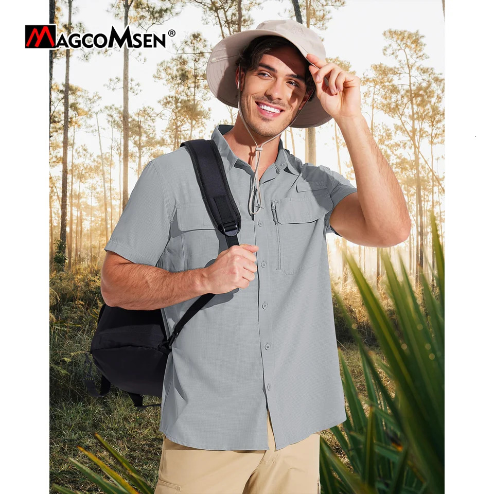 MAGCOMSEN Mesh Breathable Shirt Mens Quick Dry Button Short Sleeves UPF 50 Sun Protection Hiking Fishing Work Cargo Shirts 251023