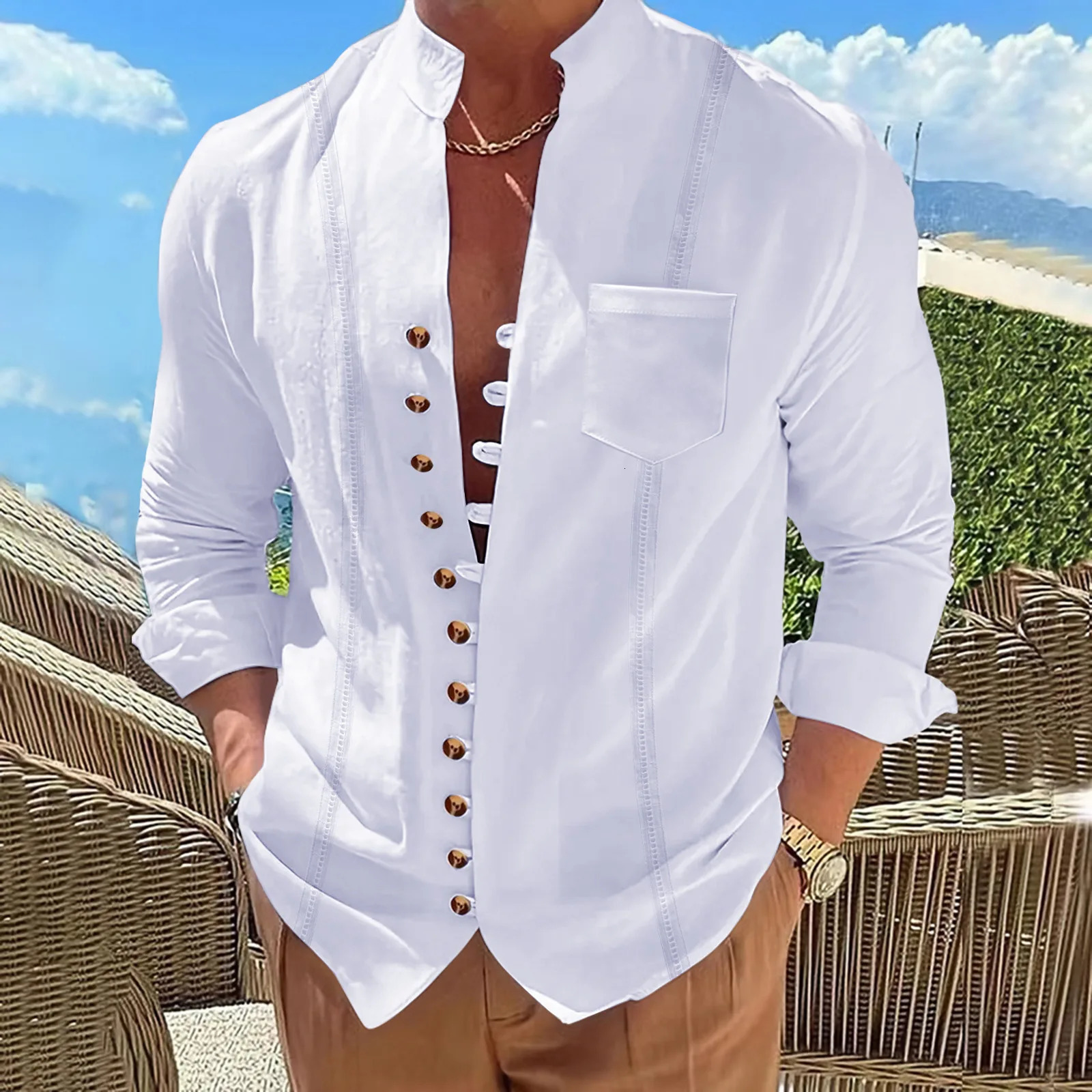 Mens cotton and linen pocket retro standup collar longsleeved shirt Casual multibutton solid color striped cardigan 251023