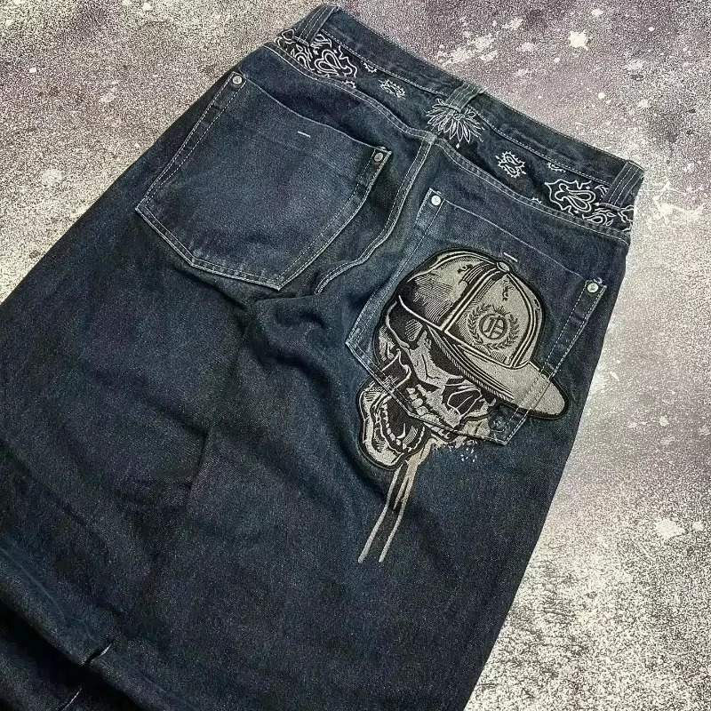 Street Fashion Trend Skull Embroidered Jeans Women Harajuku Y2K Hip Hop Joker Straight Wideleg Pants Couple Casual Jeans 251023