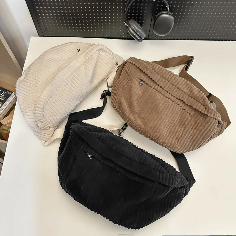 Large Capacity Waist Bag Women Shoulder Crossbody Bags Casual Fanny Pack Simple Phone Purse Corduroy Waist Bag Ladies Banana Bag 251023