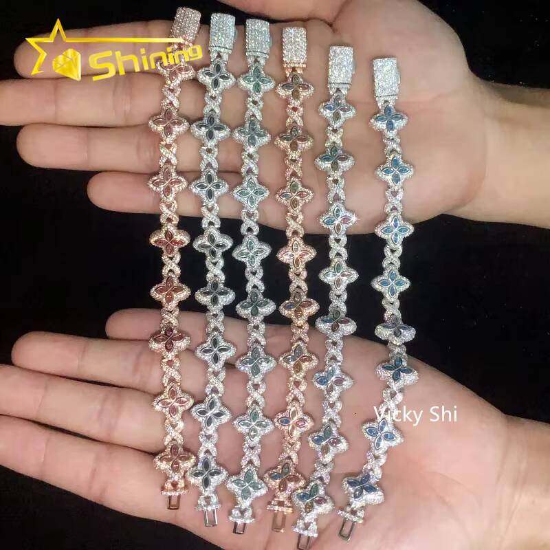 Hot Selling 15MM 925 Sterling Silver Cuban Clover Bracelets Iced Out Hip Hop Infinity Colored Moissanite Cuban Bracelet