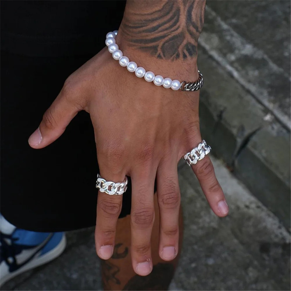 Simple Stainless Steel Pearl Stitch Bracelet Silver Color Men Cuban Chain Bracelet Retro Party Jewelry Mens Fashion Accessories 251023