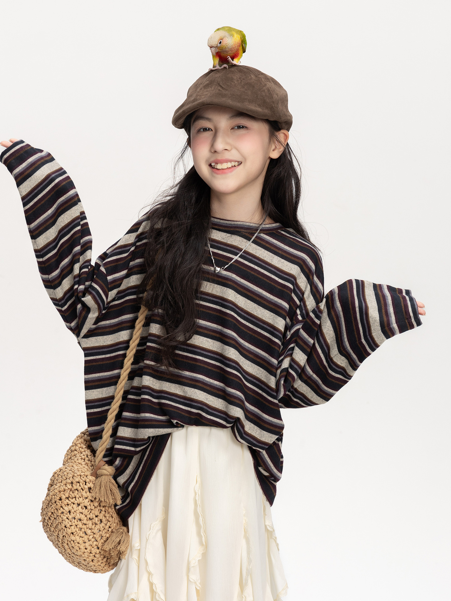 Luxury Kids Clothing Girls Color Block Striped Shirt, 2025 New Korean Oversized Long Sleeve Tops, Loose Casual Tee for Big Kids