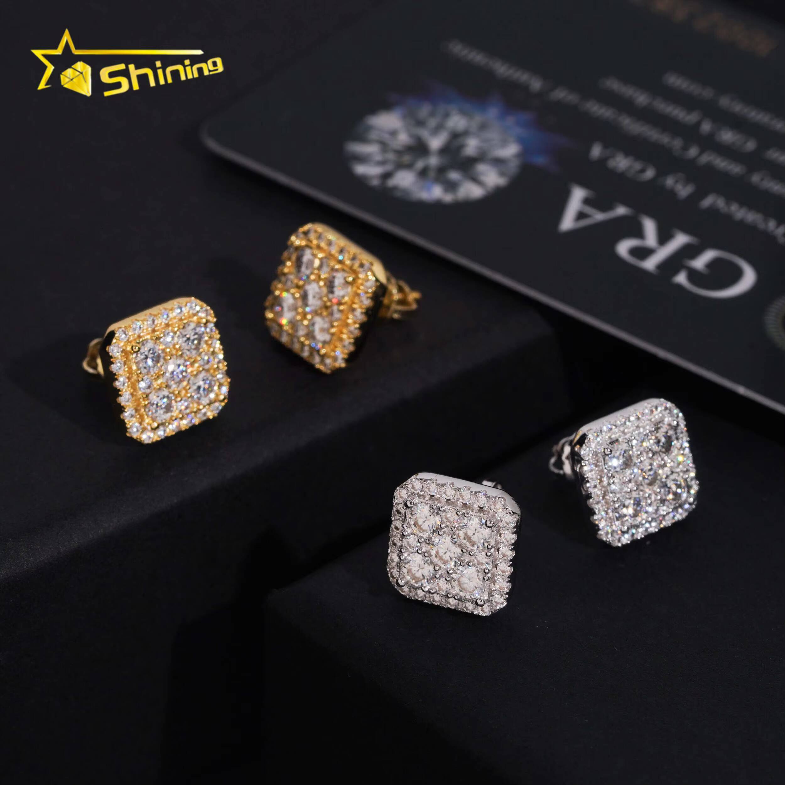 Hip Hop Jewelry Men Moissanite Earrings 925 Sterling Silver Square Shape Moissanite Stud Earrings Iced Out Screw Back Ear Studs
