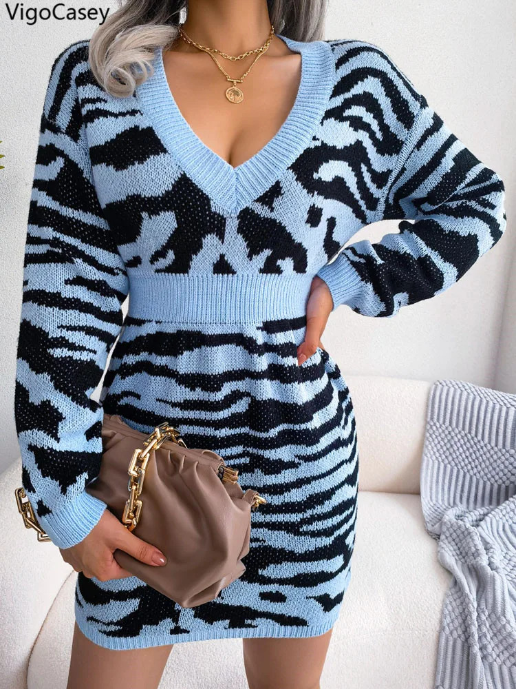 VigoCasey 2025 Print V Neck Casual Knit Dress Autumn Winter Women Long Sleeve Mini Dress Sexy Lady Bodycon Knitted Short Dresses 251023