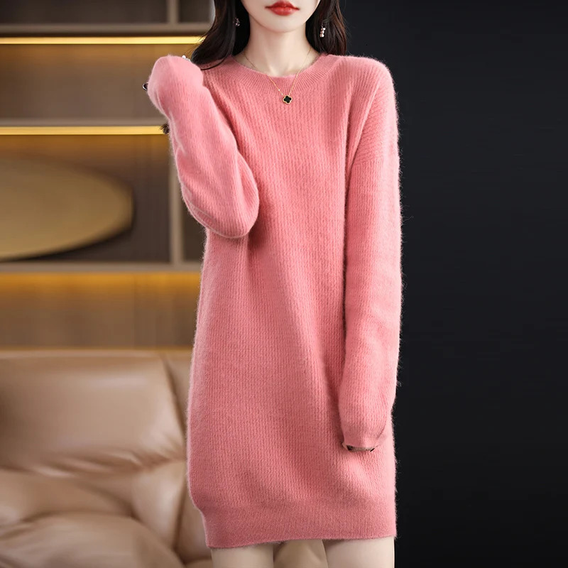 Autumn Winter Round Neck Mink Cashmere Dress Womens Fashion Loose Slim Long Sleeve Pullover Long Skirt Korean Version 251023