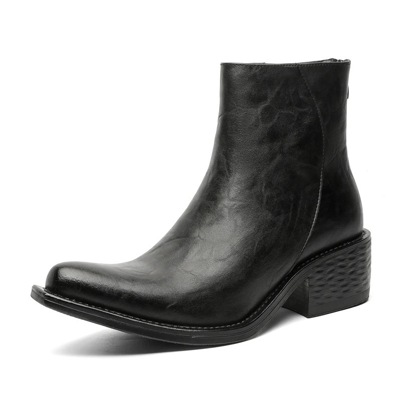 Mens Retro SolidColor Leather Ankle Boot ThickHeeled WesternStyle Zipper Casual Boot Elegant And Comfortable Party Boots 251023