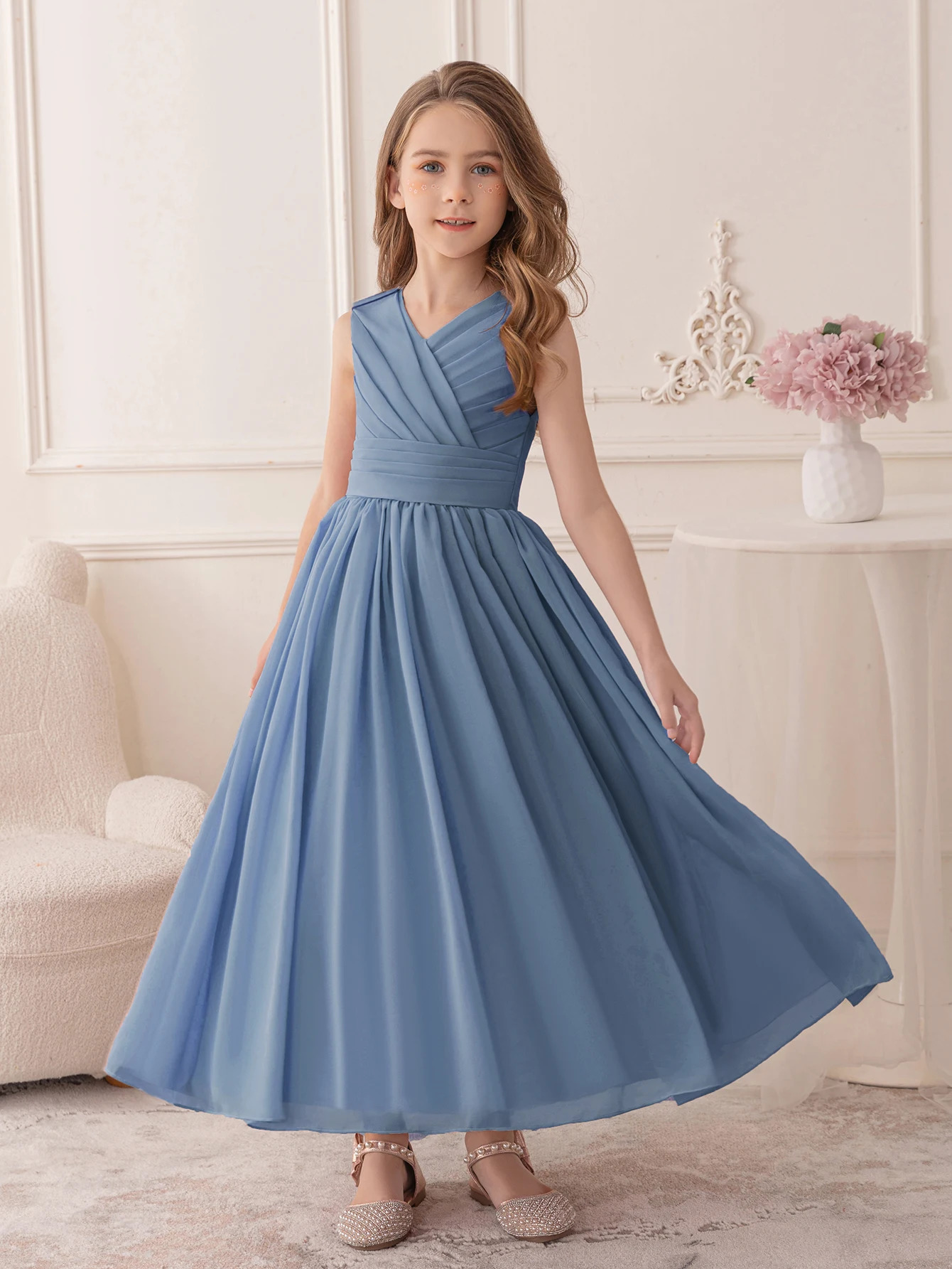 Teenage Gray blue Chiffon Evening Gown Suitable for Childrens Wedding Ceremonies Girl Princess Dress 251023