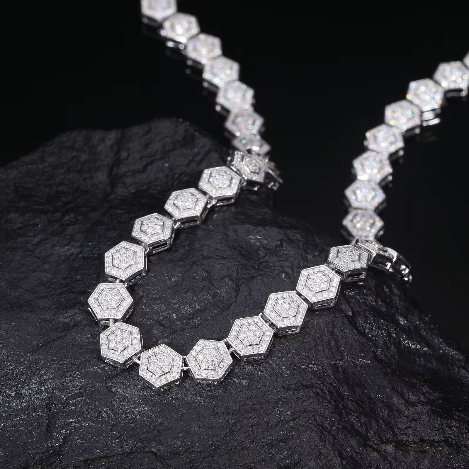 Jewelry Wholesale Mens Geometric Necklace 85mm 925 Sterling Silver VVS Moissanite Diamond Iced Out Hexagon Link Chain