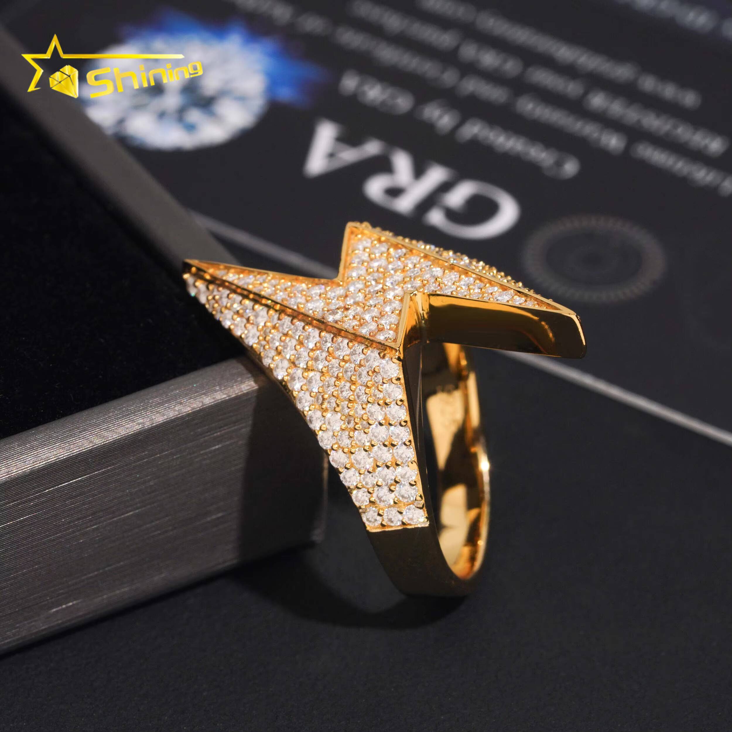 VVS Moissanite Fine Jewelry Ring High Quality 925 Sterling Silver Gold Plated Lighting Symble Pave Diamond Hip Hop Ring for Men