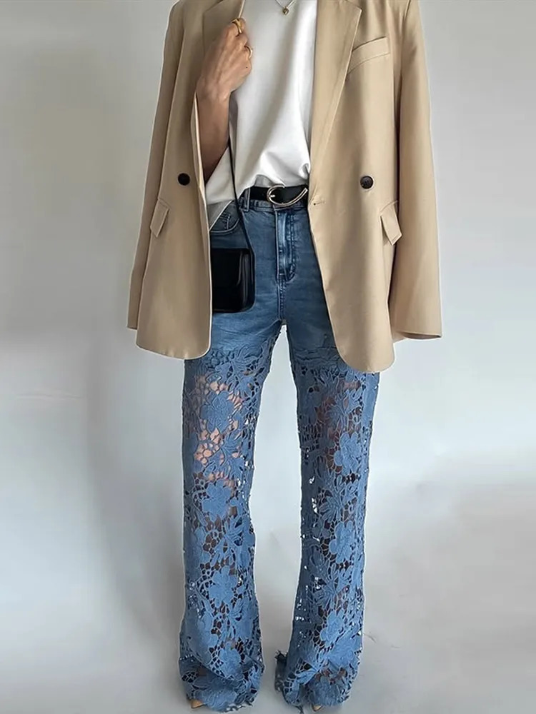 Plus Size Womens Stretch Denim Jeans With CutOut Lace Splicing Summer High Waist Wide Pants Elegant Female Chic Trousers 251023