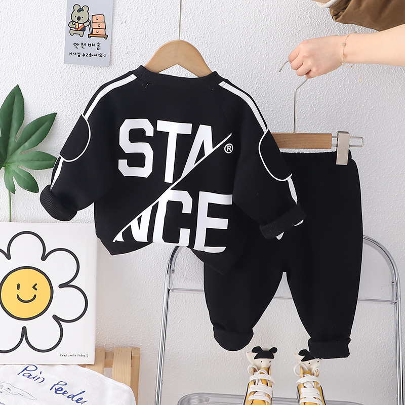 Free Shipping 2025 Spring Autumn Boys Letter Print Sweatshirt Set, Korean Style Round Neck Hoodie with Long Pants, Casual Sportswear for Kids