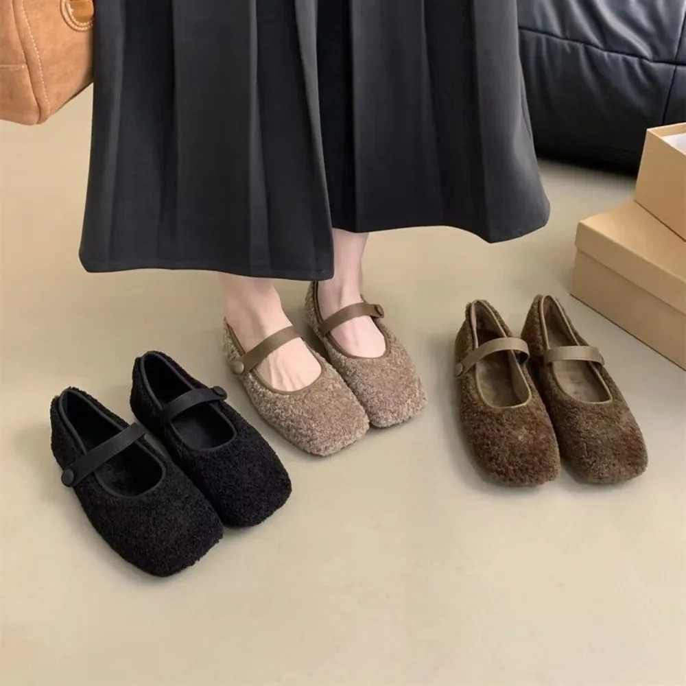 Square Toe Cosy Lambswool Ballet Flats Woman Warm Teddy Fur Mary Jane Shoes Ladies Elegant Fluffy Plush Loafers 251023
