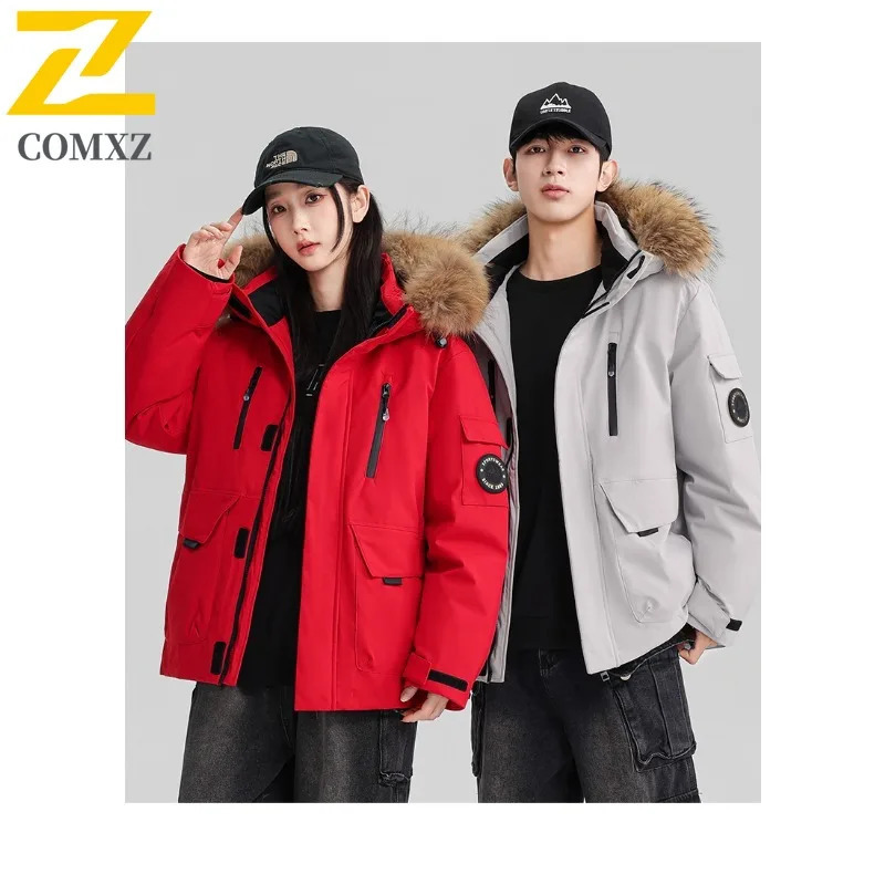COMXZ Winter Down Jacket Men Women Highquality Warm Fluffy Fur Collar White Duck Down Coat Parkas Korean Hooded Ski Puffer 251020