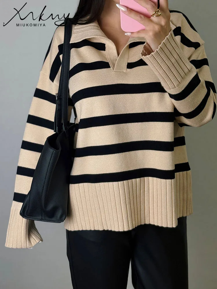 MiuKoMiYa Autumn Striped Sweater Women Loose Polo Knit Pullover Warm Long Sleeves Tops Khaki Knitted Jumpers Women Oversized 251023