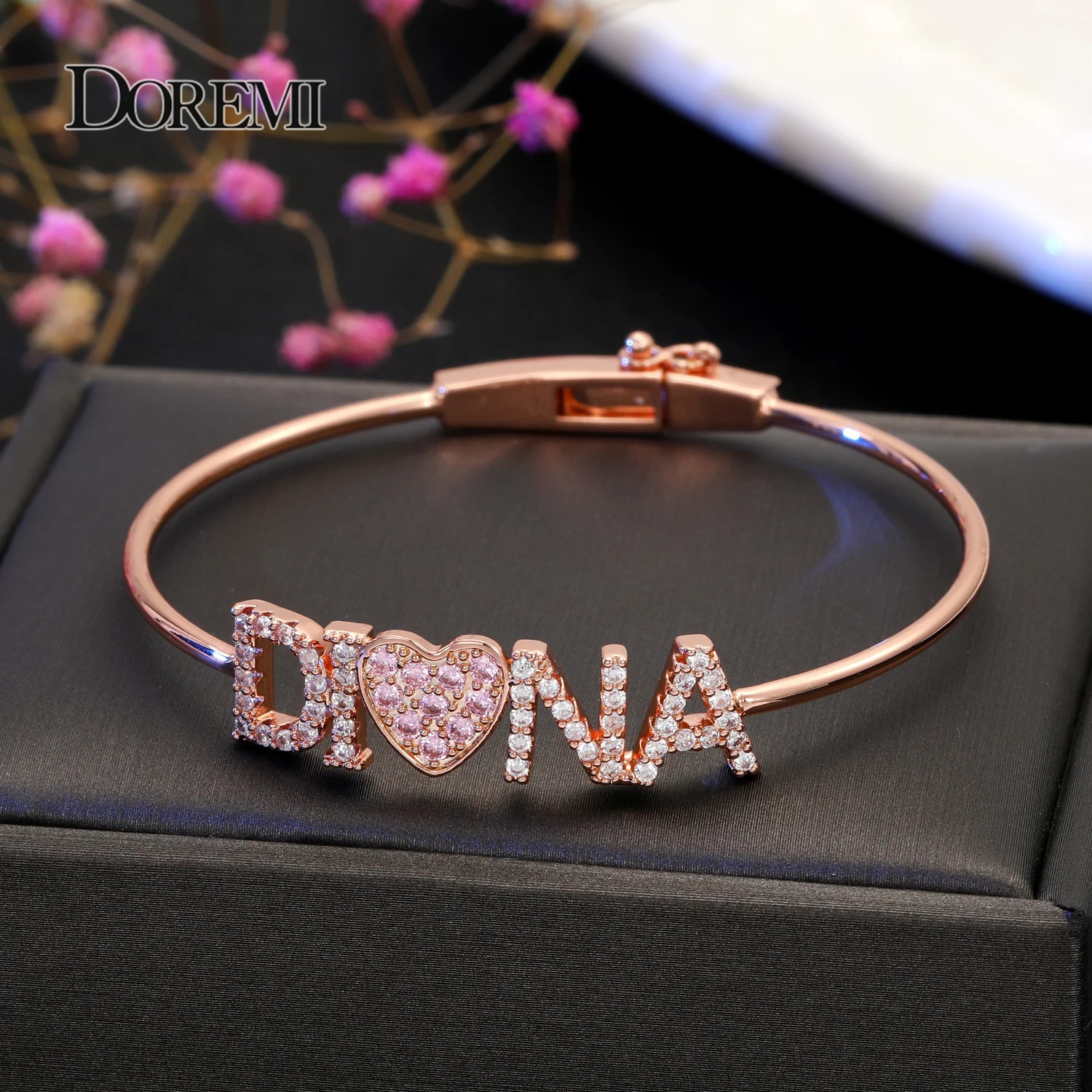 DOREMI Crystal Name Bangle with Zircon Pink Heart Bracelet Custom 9mm Letter Personalized Bracelets Rhinestone Hand Jewelry 251023