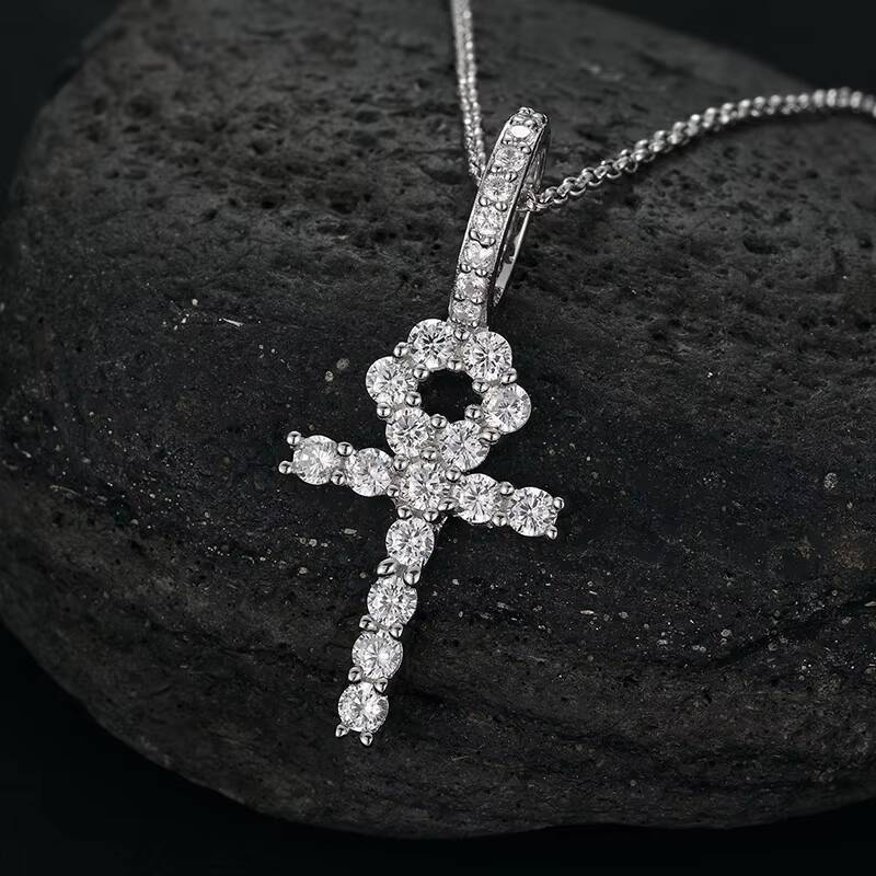 Fashion Jewelry 925 Sterling Silver VVS Moissanite Diamond Ankh Cross Pendant Necklace