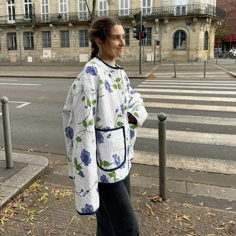 Women Vintage Cropped Puffer Jacket Boho Floral Print Quilted Coat Winter Long Sleeve Lightweight Padded Cardigan Tops 251020