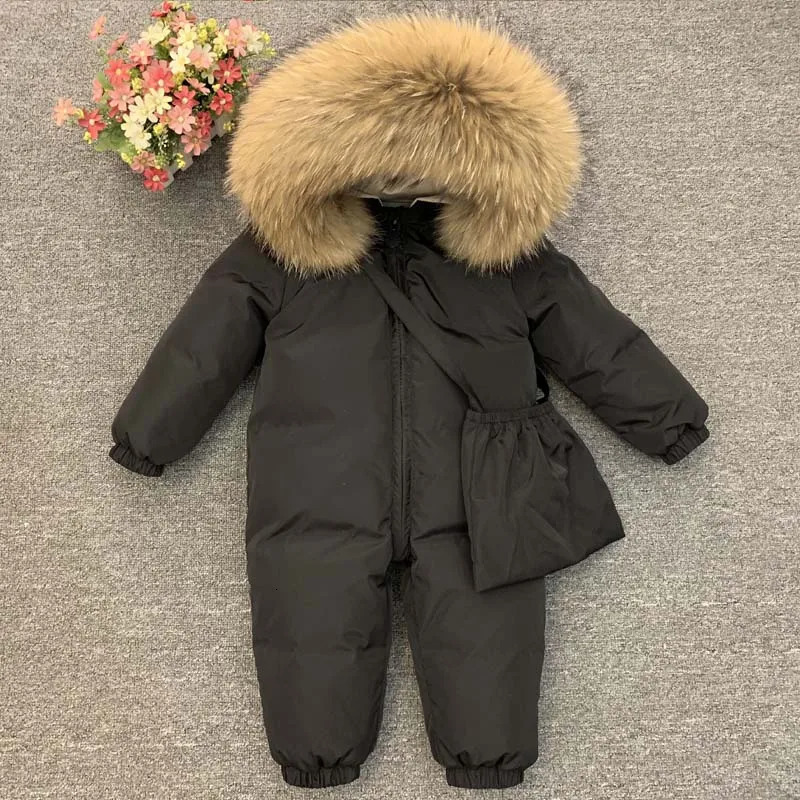 30 Degree Infant Snowsuit Fur Collar Duck Down Filling Thick Warm Toddler Boys Girls Down Rompers Baby Winter Jackets 251023