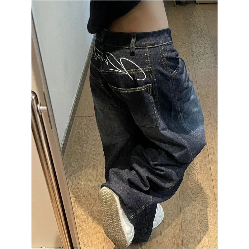 Black Womens Jeans High Waist Vintage Hip Hop Straight Baggy Denim Pants Street Y2K American Style Wide Leg Denim Trouser 251023