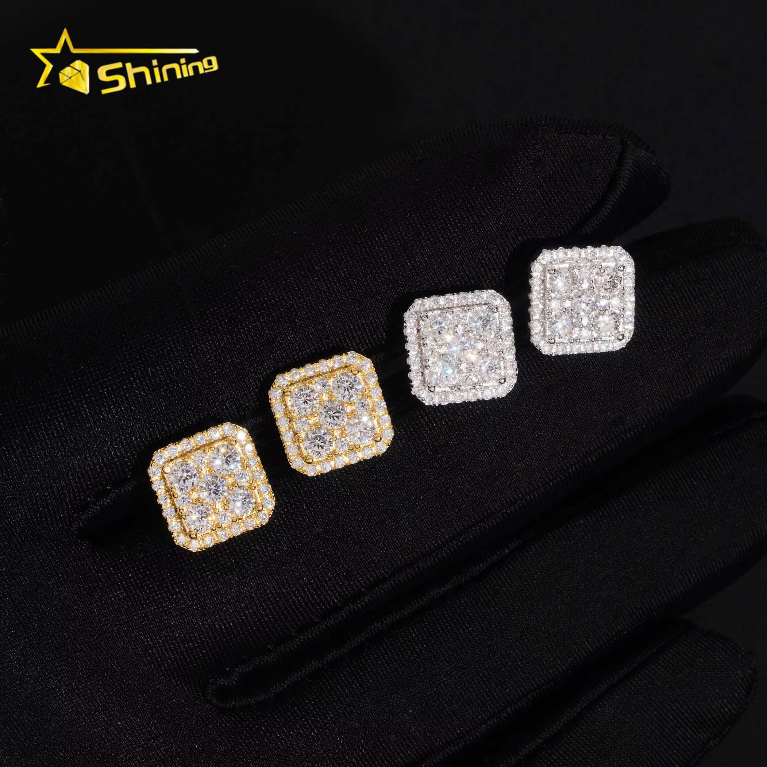 Hip Hop Jewelry Men Moissanite Earrings 925 Sterling Silver Square Shape Moissanite Stud Earrings Iced Out Screw Back Ear Studs