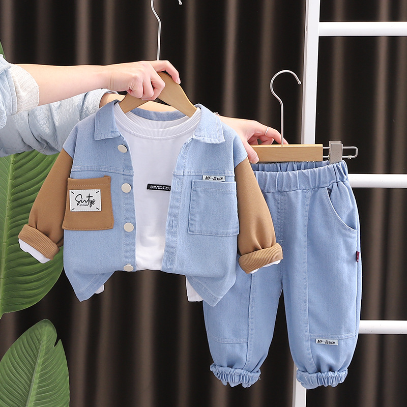 kids designer clothes 2025 Spring Autumn Boys Color Block Denim 3-Piece Set, Casual Long Sleeve Outfit with Jeans & Shirt, Trendy Toddler Clothes