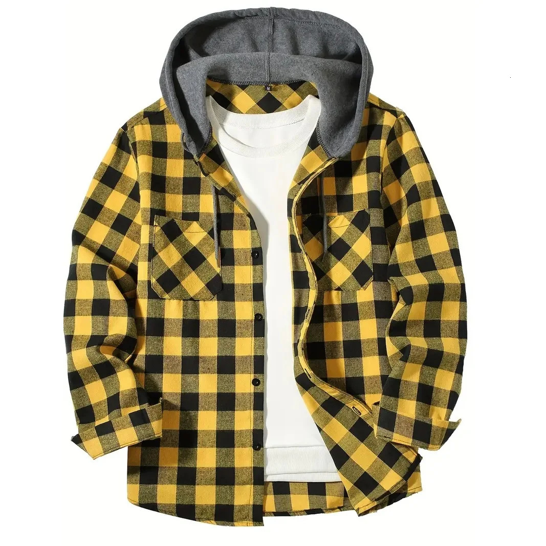 Mens Shirts Classic Plaid Casual Button Down Hooded Long Sleeved Double Pockets Shirt Hoodie Flannel Jacket Spring Autumn Tops 251023