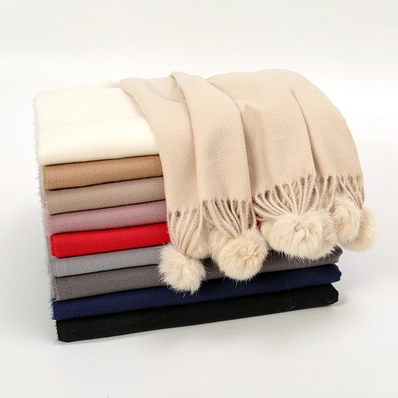 Women Warm Scarf With Rabbit Fur Ball Pashmina Thick Scarves Shawls Winter Cashmere Pompom Scarf Ladies Oversize Blanket Wrap 251024