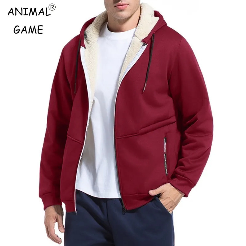 Animal Game Outdoor Casual Hoodie for Men Thick Fleece Sweatshirt Sherpa Lined Heavyweight Hooded Zipper Jacket Coats Streetwear 251023
