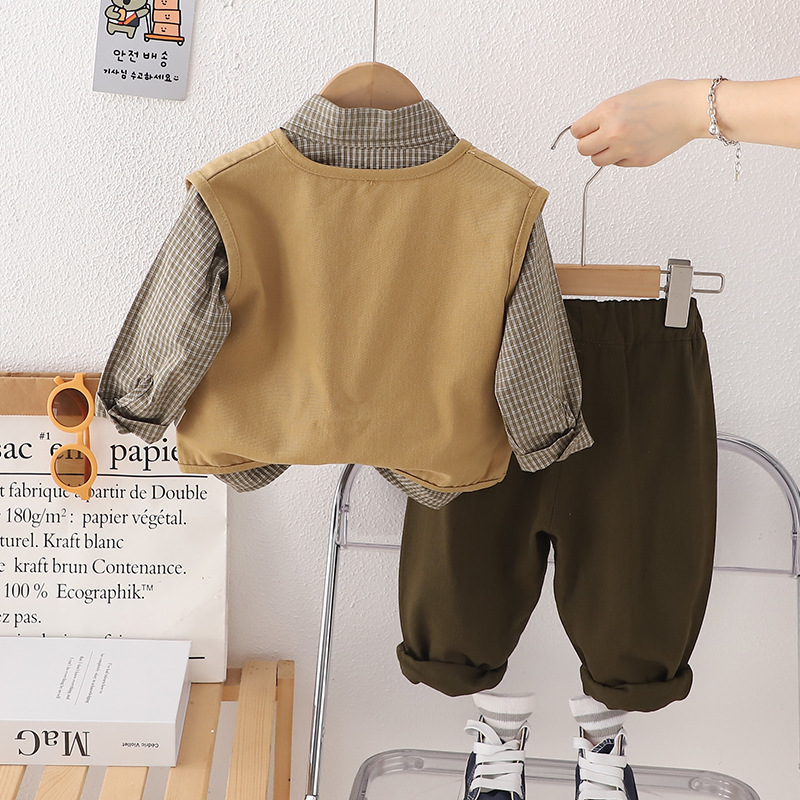 Free Shipping 2025 Boys Plaid Shirt & Vest 3-Piece Set, Autumn Casual Outfit with Suspenders for Toddlers 1-5 Years, Fashion Kids Clothes
