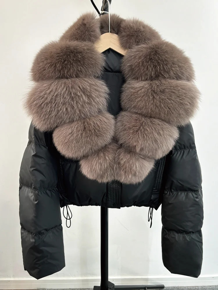Janveny Large Natural Fox Fur Collar 90 White Duck Down Jacket Women Winter Short Waterproof PU Puffer Coat Female Thick Parkas 251020