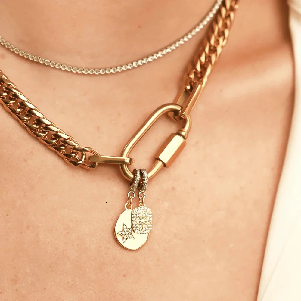 Waterproof Jewelry Tarnish Free 18K Gold Plated Stainless Steel Two Tone Chunky Charm Necklace for Women Cuban Chains Choker 251022