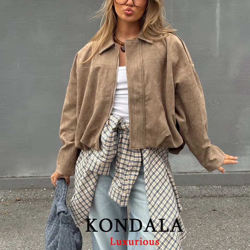 KONDALA Casual Chic Khaki Suede Bomber Jackets Women Long Sleeve Zipper Oversized Coats Fashion Fall Winter Outwears 251020