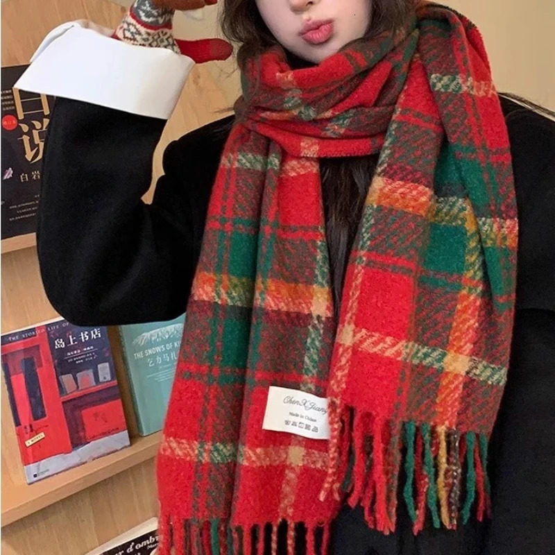 Women Winter Red Plaid Christams Scarf Cashmere Warm Pashmina Scarves Blanket Wraps Female Thick Soft Tassel Shawl Long Poncho 251024