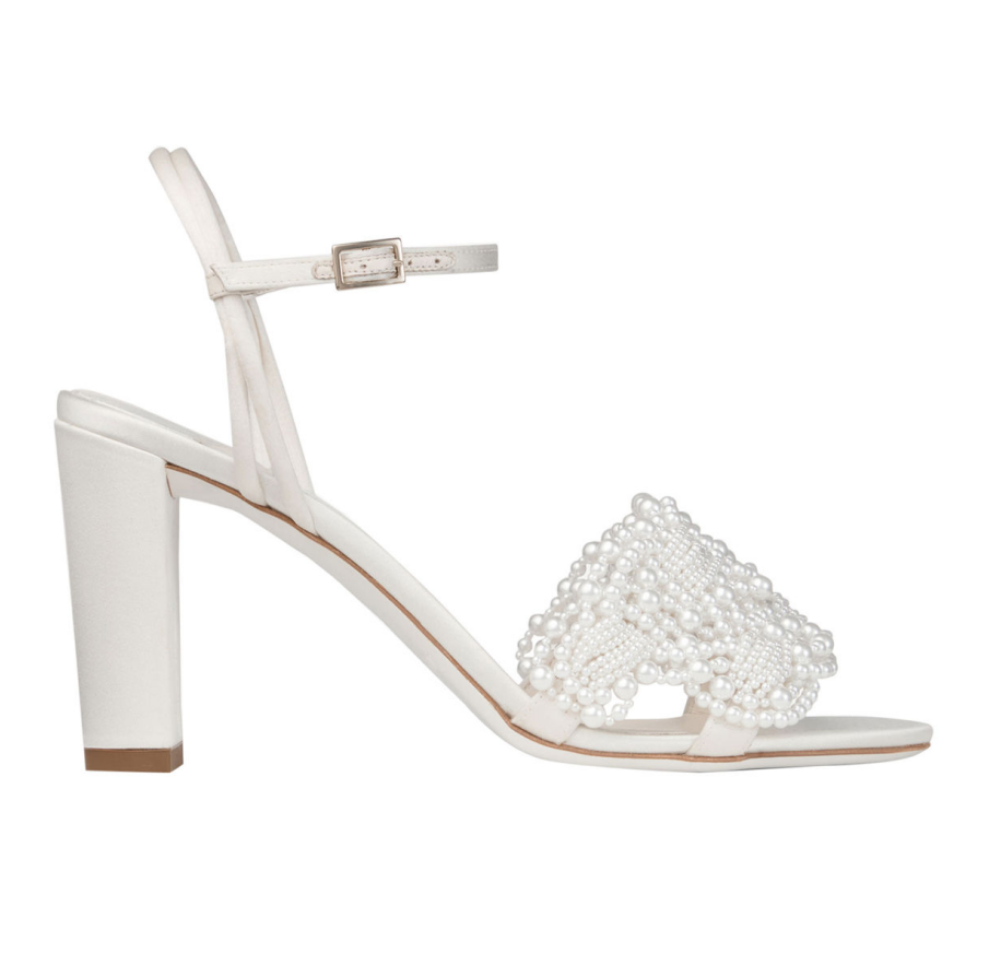 2025S Wedding Brider Sandal Calfkin Leather Satin High Heeled Cary 85mm Ivory Satin Block Heel Brand Sandal with Pearl Embellishments Cary Mule Slide