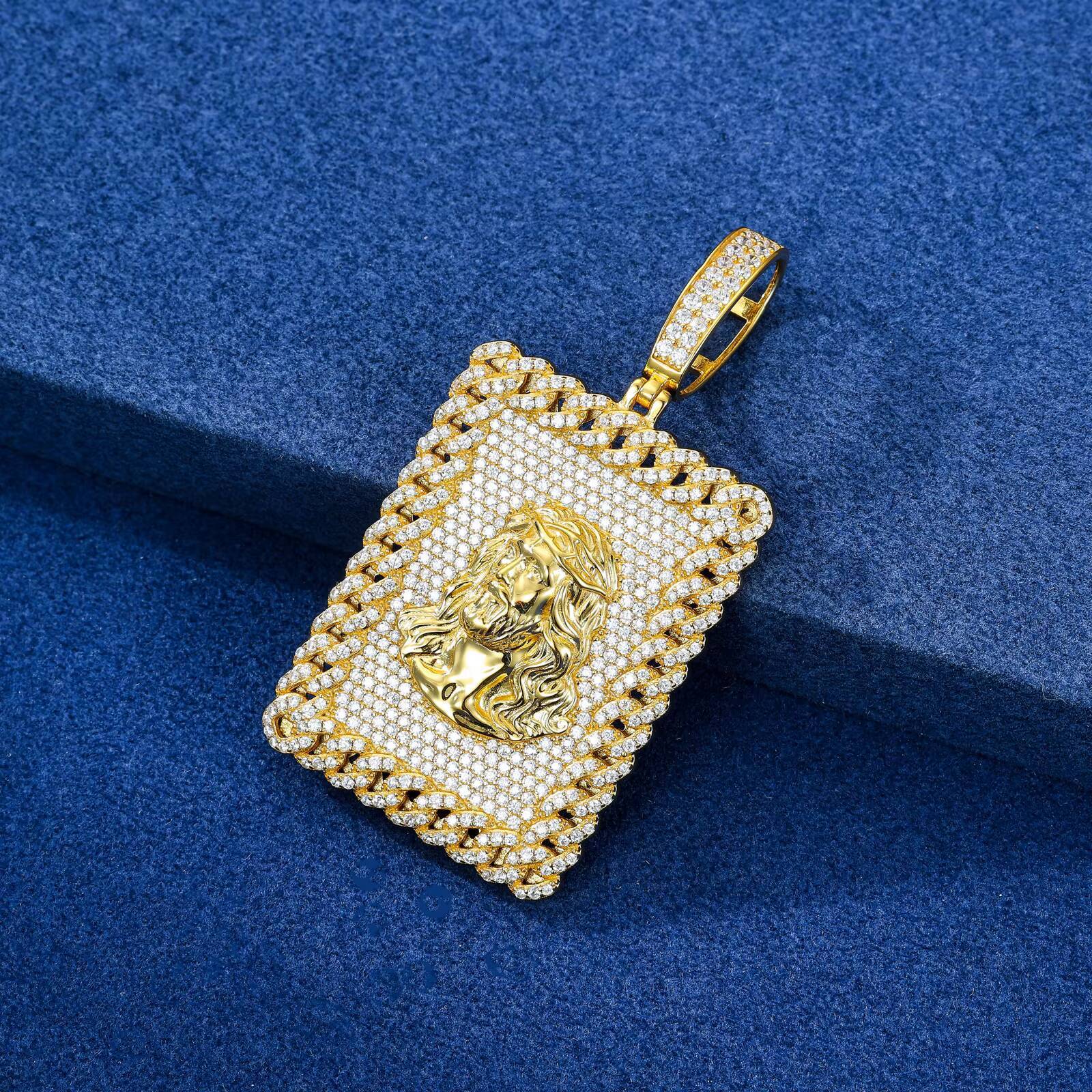 Luxury Men Jewelry 18K Real Gold Plated 925 Sterling Silver Moissanite Diamond Iced Out Jesus Sign Dog Tag Pendant With Cuban