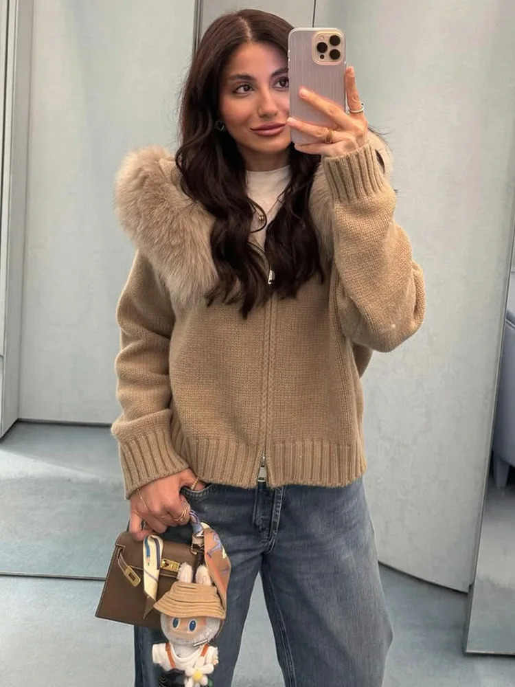 Tossy Winter Female Sweater Hoodie Cardigan Fluffy Zipper Patchwork Long Sleeve Ribbed Solid Knit jacket Coat Womens 251015