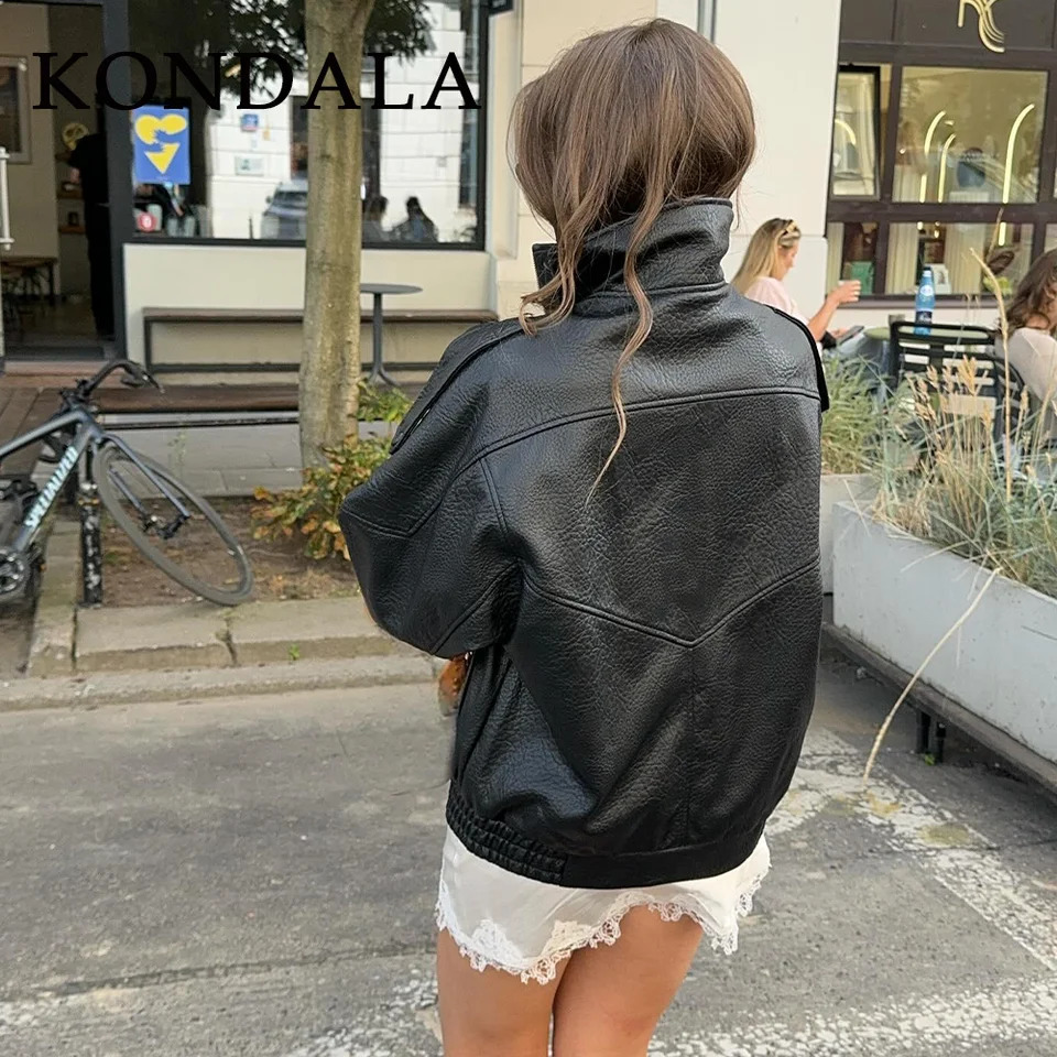 KONDALA Fall Winter Faux Leather Women Vintage Coats Fashion Streetwear Zipper Turndown Collar Christmas Ladies Leathers 251020